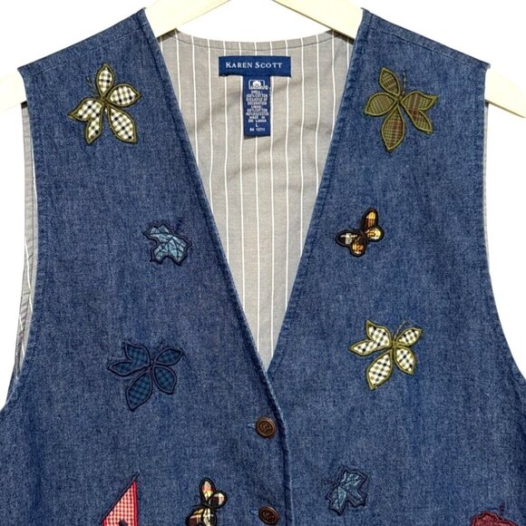 Karen Scott Women's Autumn Fall Vest Denim Harvest Pumpkins Flowers Size Large - Picture 2 of 11